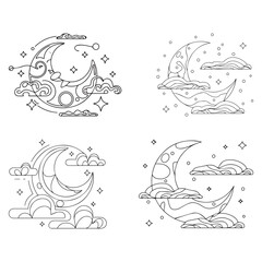 Vector isolated crescent moon behind curly cloud and stars night sky colorless black and white contour line easy drawing