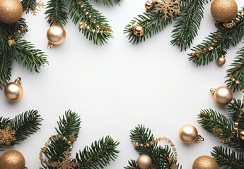 Christmas Decorations: Golden Ornaments and Pine Branches on White Background