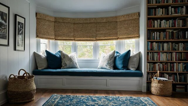 Video footage of cozy reading nook with a cushioned bench, pillows, a large window with bamboo shades, and a bookshelf filled with books