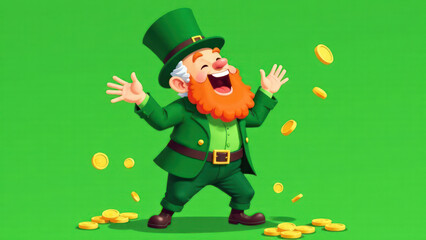 Fototapeta premium Happy cartoon man with a red beard in a green leprechaun costume and a hat stands in a rain of coins, concept St. Patrick's Day