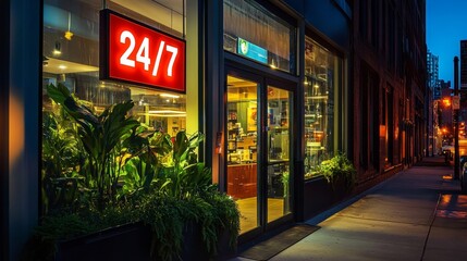 Vibrant 24/7 Convenience Store at Night - Modern Urban Retail with Illuminated Signs, Greenery, and Cityscape