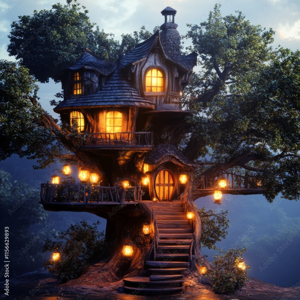 Poster enchanting treehouse nestled in a lush forest at twilight, illuminated by warm lights.