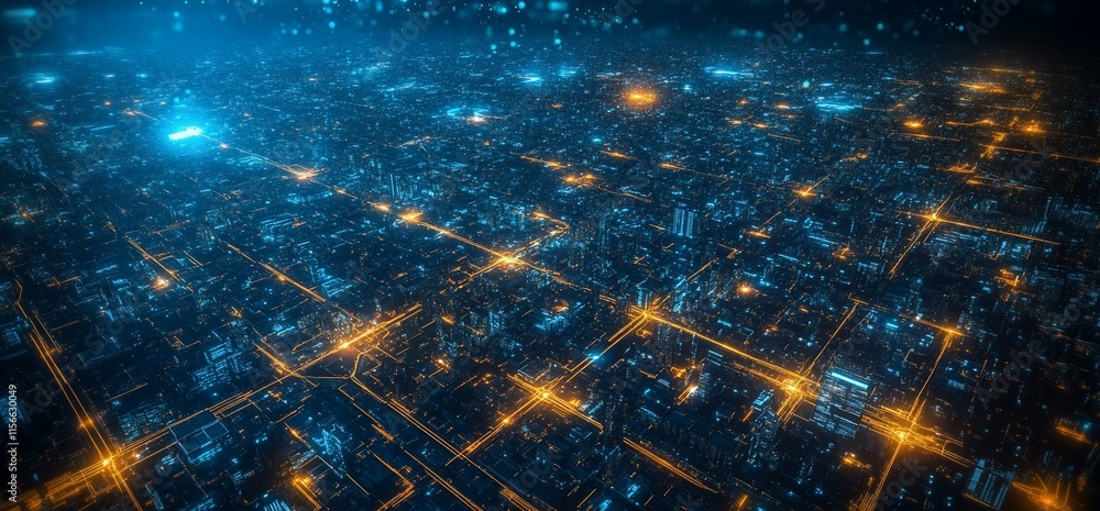 Aufkleber a futuristic cityscape illuminated by glowing networks and data streams.