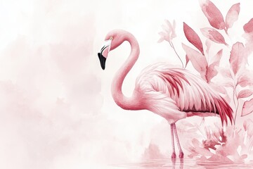 Pink Flamingo Standing in Water With Watercolor Leaves