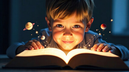close up portrait of a boy reading a science fiction book about the planets and the solar system, concept science fiction day
