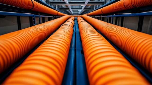 Dynamic Composition of Perspective Orange Pipes in Industrial Setting - Trends in Modern Stock Photography