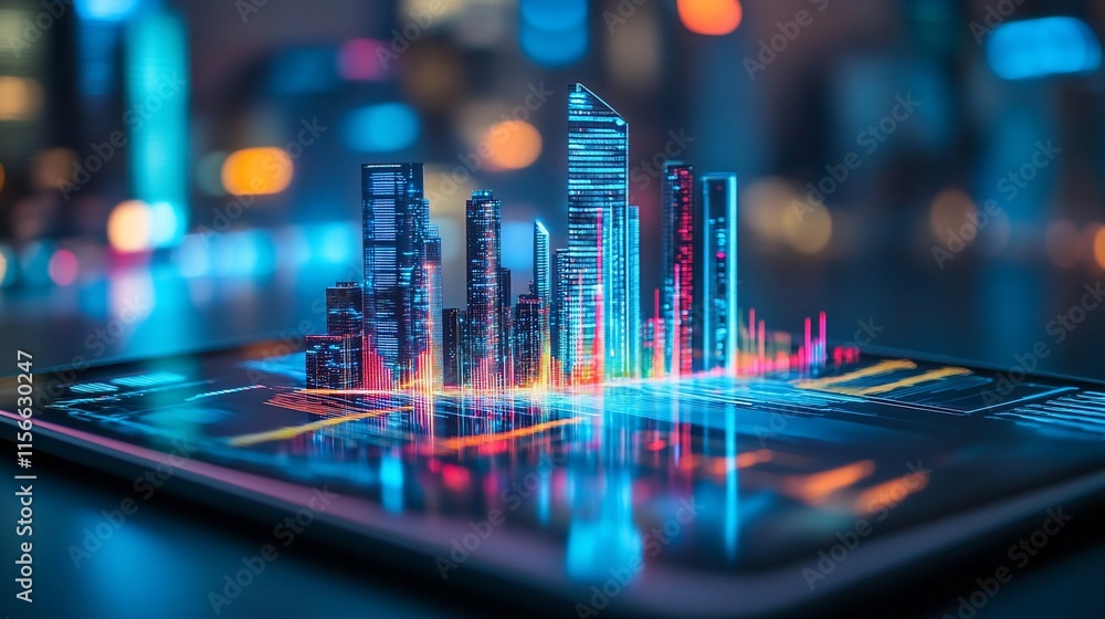Poster a futuristic cityscape displayed on a digital tablet with data visualization.