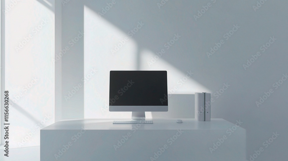 Aufkleber sleek minimalist workspace with computer on white table