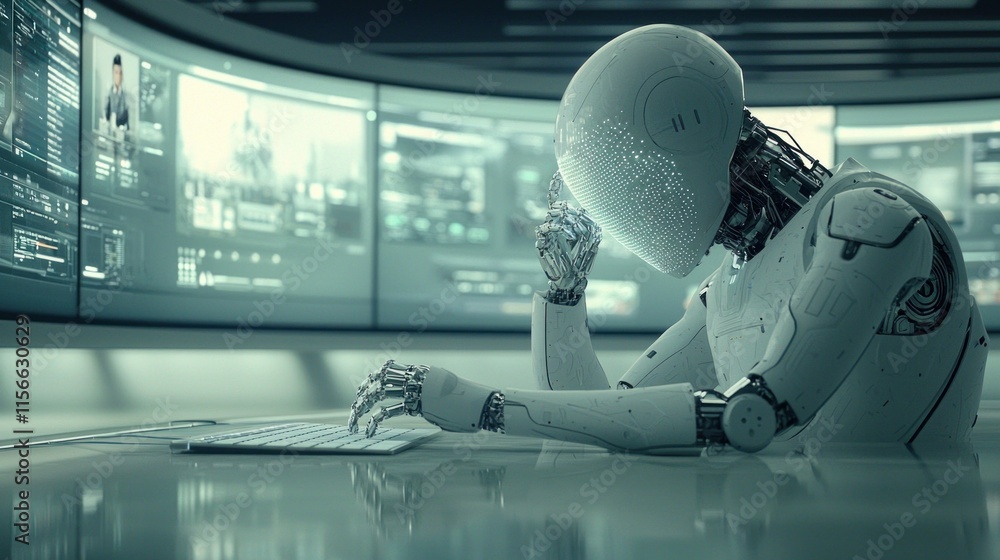 Aufkleber ai robot analyzes data amidst high-tech environment futuristic office digital interaction thoughtful