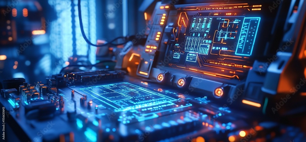 Poster a futuristic control panel with glowing interfaces and circuit designs.