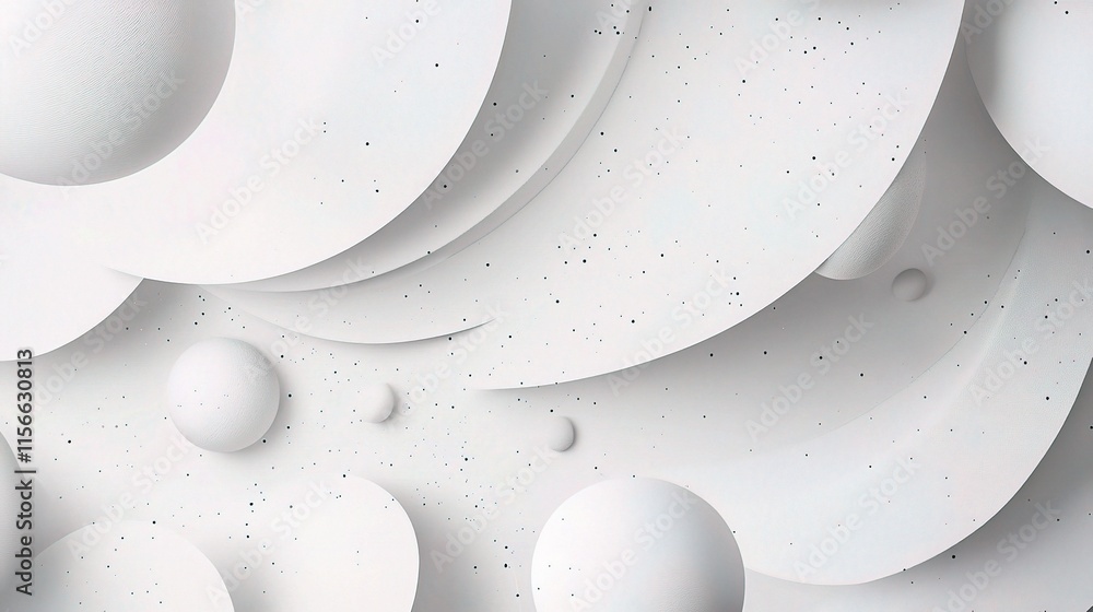 Poster abstract white forms: an elegant and minimalist composition of layered curves, spheres, and textured