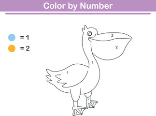 Color by numbers. Coloring page for kids. Coloring with cute pelicans. Vector illustration