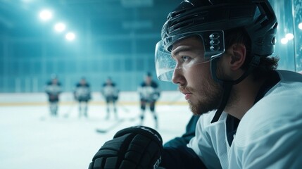 Hockey player reflects on game strategy ice rink portrait team environment close-up focused mindset