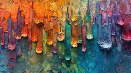 Naklejka premium Vibrant impasto cityscape painting with textured rainbow colors.