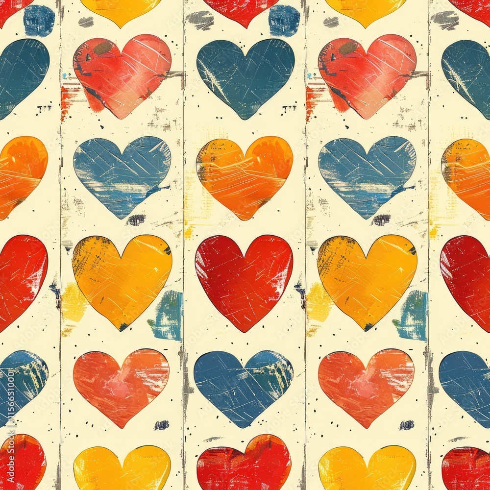 Poster a repeating pattern of colorful hearts on a textured background, ideal for decorative use.