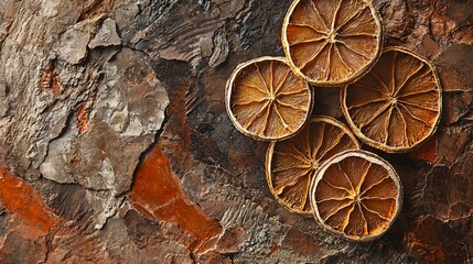 Beautifully arranged dried orange slices on a table showcase their intricate textures and warm...