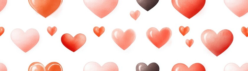 Valentine's Day minimalist heart patterns concept. Colorful watercolor hearts in varying shades create a whimsical, romantic pattern on a white background.