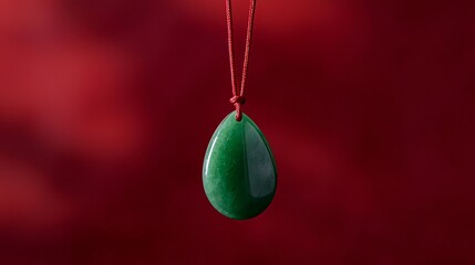 Elegantly displayed against a minimalist backdrop, a jade pendant on a red thread highlights the...