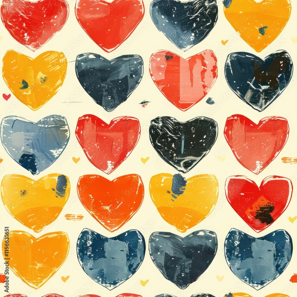 Poster a colorful pattern of hearts in various shades, creating a cheerful and playful design.