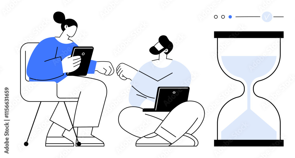 Poster two colleagues using tablets while seated, exchanging ideas and working together. hourglass in the b