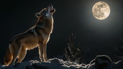 Obraz premium A solitary wolf howls under studio lights, embodying the wild's essence and the primal call of nature.