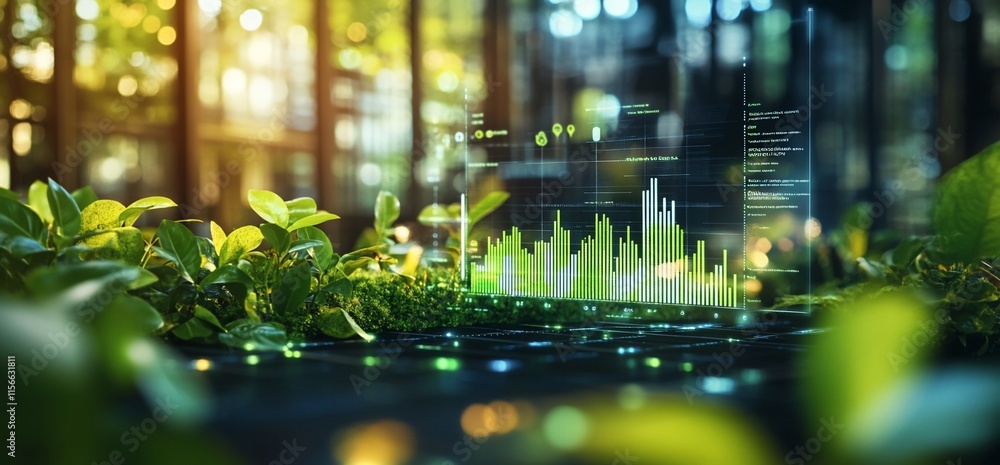 Poster a futuristic display of data analytics amidst lush greenery.