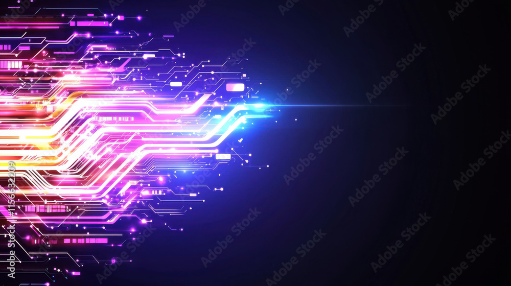 Poster vibrant digital wave with colorful lines and glowing elements on dark background