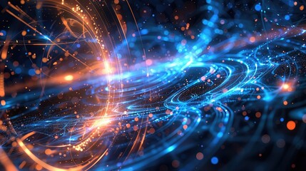 Obraz premium Abstract digital artwork featuring vibrant blue and orange swirls and glowing particles.