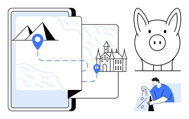 Digital map showing travel route from mountains to a historical building. Large piggy bank symbolizing savings. Man inspecting shopping bags. Ideal for travel, savings, planning, budgeting, tourism
