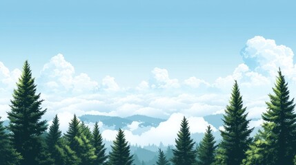 Fototapeta premium Serene mountain landscape with lush evergreen forest under a partly cloudy sky.