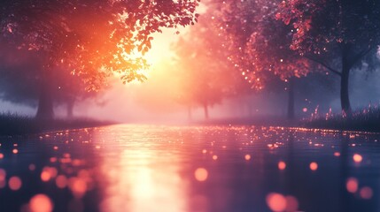 Naklejka premium Sunset River Landscape: Magical Twilight Scenery