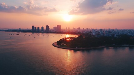 Fototapeta premium Aerial View of City Skyline at Golden Hour