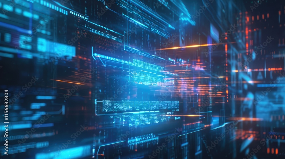 Poster abstract digital landscape featuring vibrant data streams and glowing elements.