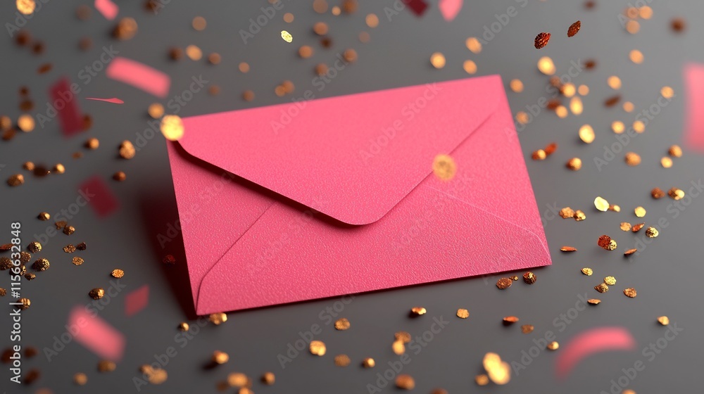 Poster elegant red envelope surrounded by shimmering gold particles in a modern text friendly 3d layout thi