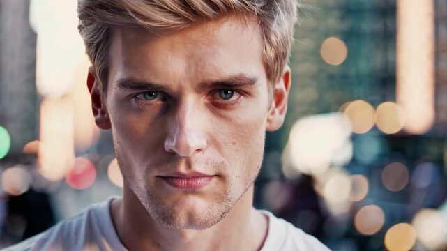 Closeup portrait of a handsome young blond guy looking at the camera and smiling in the city. Urban lifestyle.