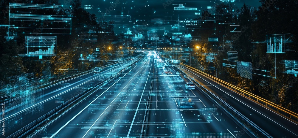 Poster a futuristic highway scene with digital overlays representing data flow.