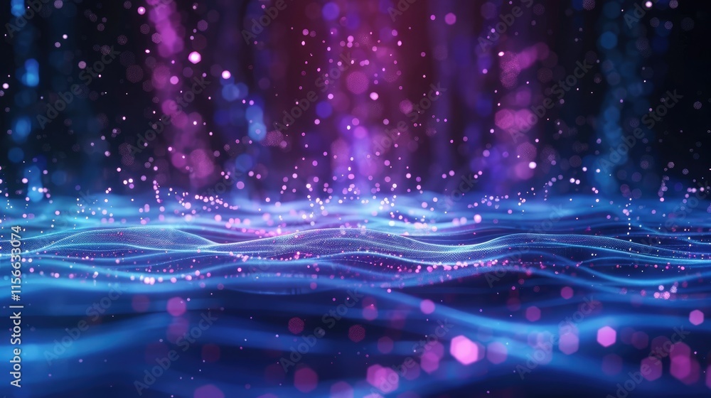 Poster abstract representation of flowing waves with colorful particles and light effects.