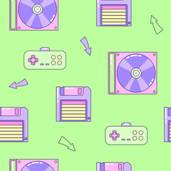 Seamless pattern with floppy disk and gamepad. Multicolored elements on green background. Retro illustration with outline in 90s style. Vector illustration. © plaksik13