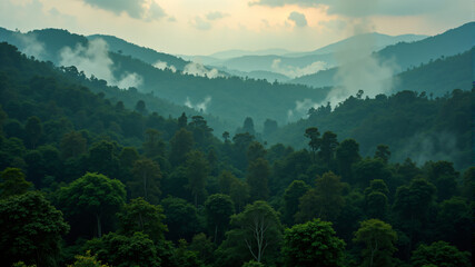 A breathtaking view of lush green mountains shrouded in mist, showcasing nature's beauty.