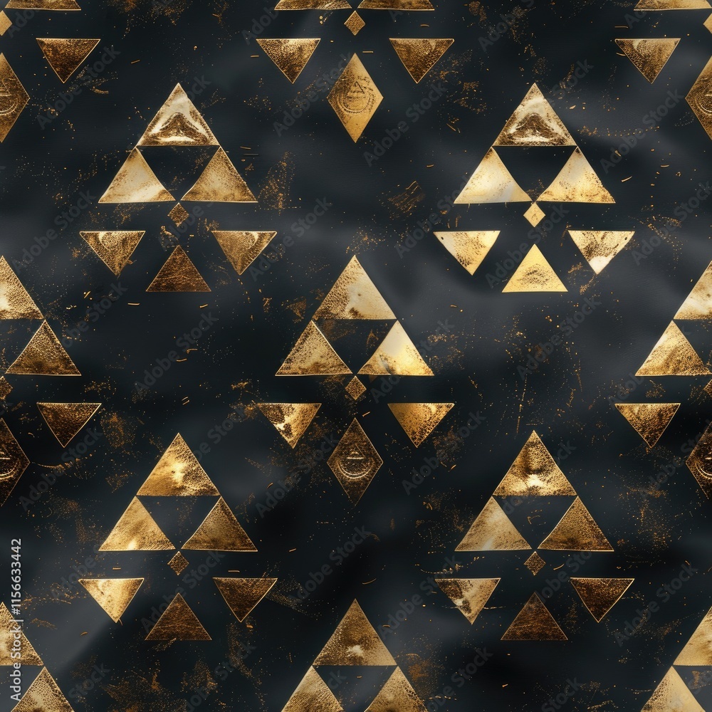 Poster a repeating pattern of golden triangles on a dark background, creating a textured design.