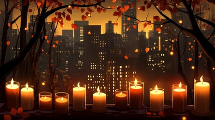 Obraz premium Candlelight Festival with City Skyline at Dusk