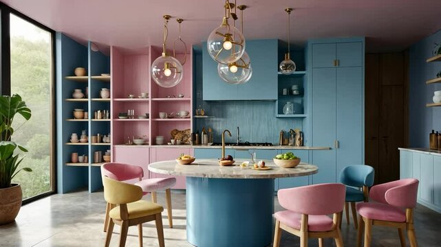 Video footage of modern kitchen with pastel blue and pink cabinets, a round marble island, colorful chairs, and globe pendant lights, creating a vibrant and stylish atmosphere