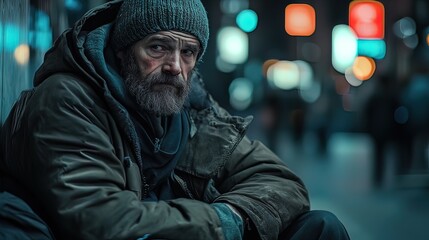 Obraz premium A homeless elderly man sits on a city street at night, looking directly at the camera.