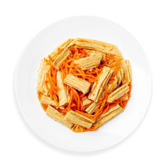 Salad asparagus with carrots, on a white background, isolated. Top view.