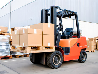 Naklejka premium Forklift truck with boxes in warehouse cargo freight transportation and distribution warehouse