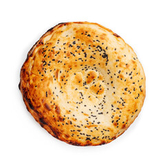 Uzbek flatbread with sesame, on a white background, isolated. Top view.