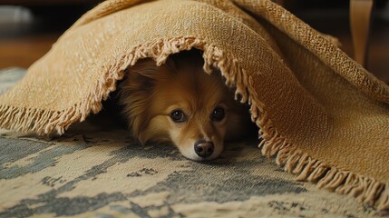 A small, fluffy, light brown dog hides under a tan blanket on a patterned rug, looking directly at the camera with big, expressive eyes.