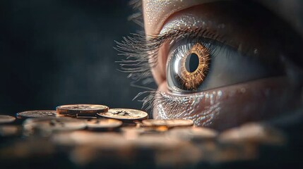 Obraz premium Focused eye on shiny coins close-up photography dark background macro view wealth and opportunity