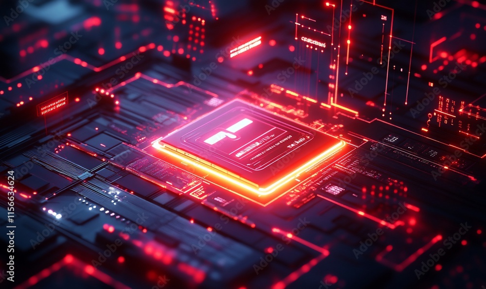 Poster a futuristic microchip surrounded by glowing circuits and digital elements.