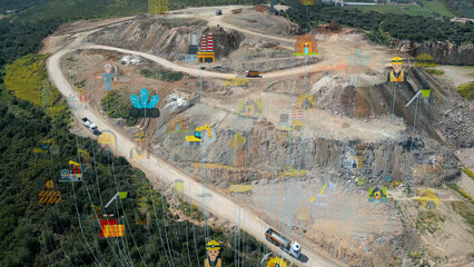 aerial view shot mining, dumpers, quarrying extractive industry stripping work. Big Mining Trucks. View from drone at opencast mining with lots of machinery trucks. High quality photo